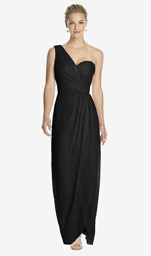 Front View - Black One-Shoulder Draped Maxi Dress with Front Slit - Aeryn