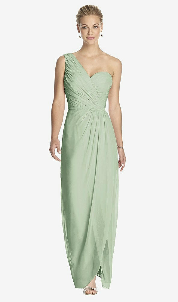 Front View - Celadon One-Shoulder Draped Maxi Dress with Front Slit - Aeryn