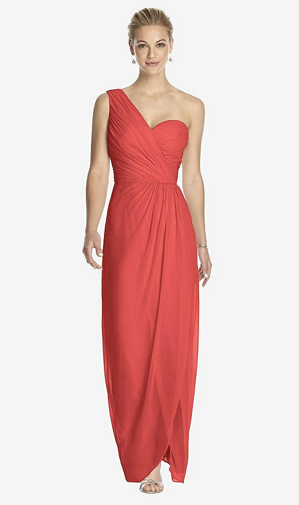 Front View - Perfect Coral One-Shoulder Draped Maxi Dress with Front Slit - Aeryn