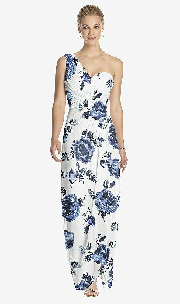Front View - Indigo Rose One-Shoulder Draped Maxi Dress with Front Slit - Aeryn