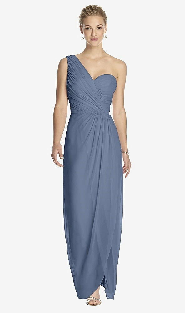 Front View - Larkspur Blue One-Shoulder Draped Maxi Dress with Front Slit - Aeryn