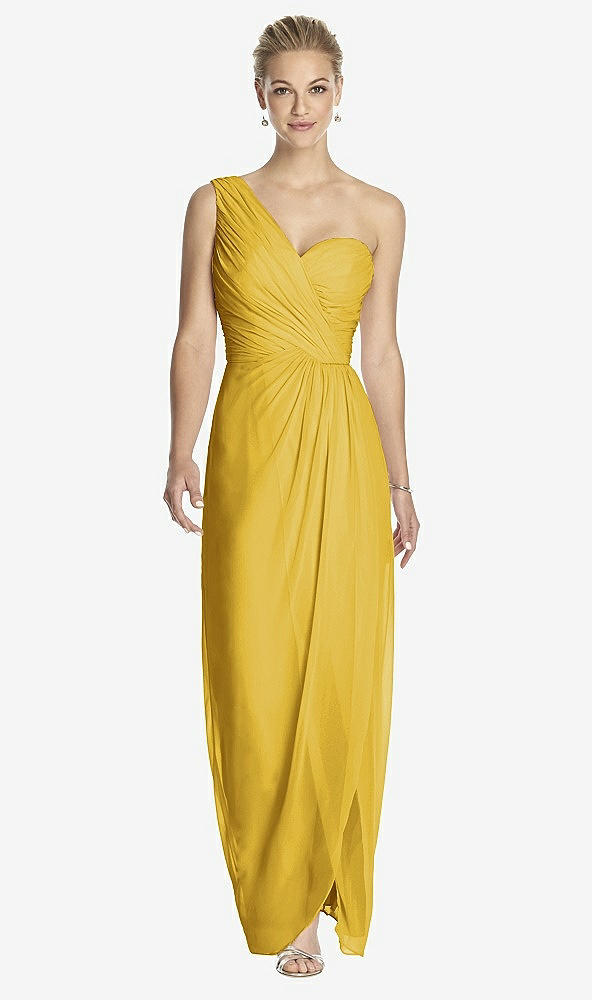 Front View - Marigold One-Shoulder Draped Maxi Dress with Front Slit - Aeryn