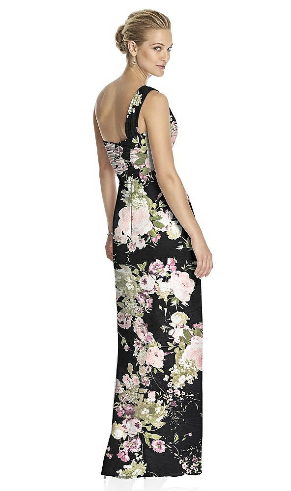 Back View - Noir Garden One-Shoulder Draped Maxi Dress with Front Slit - Aeryn