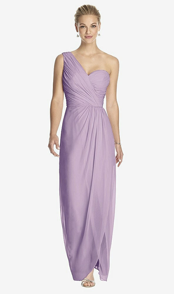 Front View - Pale Purple One-Shoulder Draped Maxi Dress with Front Slit - Aeryn
