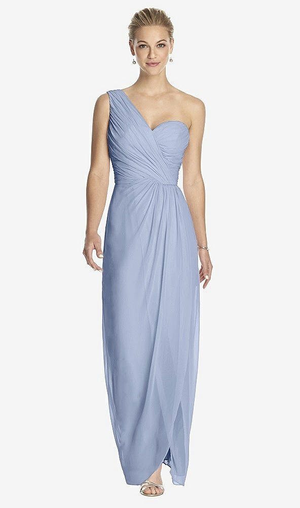 Front View - Sky Blue One-Shoulder Draped Maxi Dress with Front Slit - Aeryn