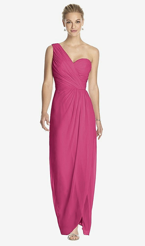 Front View - Tea Rose One-Shoulder Draped Maxi Dress with Front Slit - Aeryn
