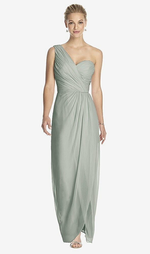 Front View - Willow Green One-Shoulder Draped Maxi Dress with Front Slit - Aeryn