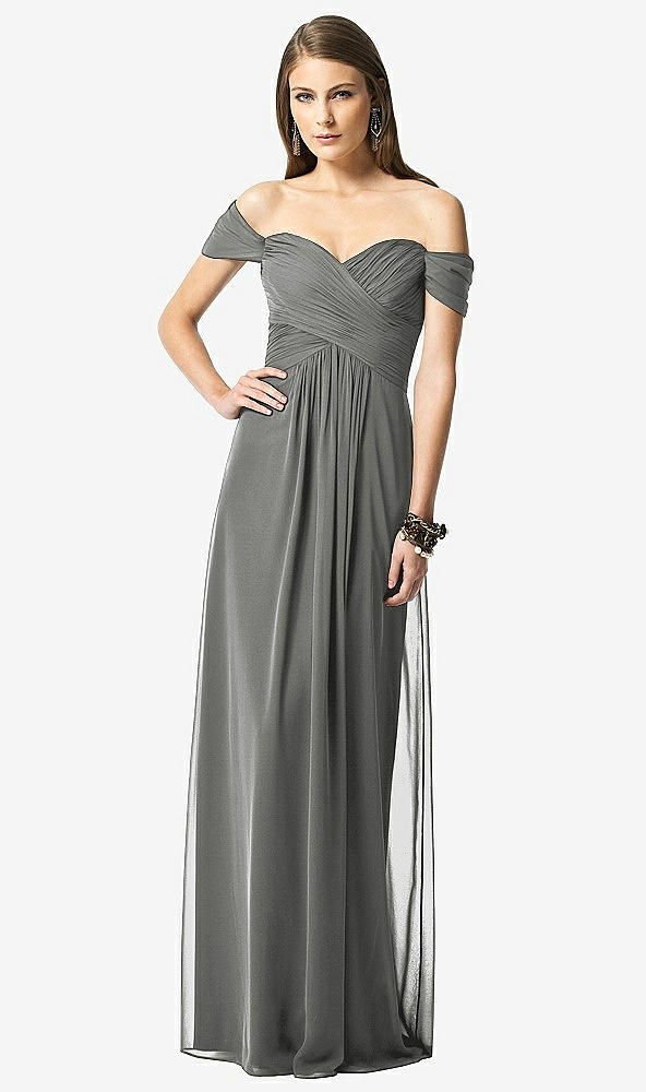 Front View - Charcoal Gray Off-the-Shoulder Ruched Chiffon Maxi Dress - Alessia