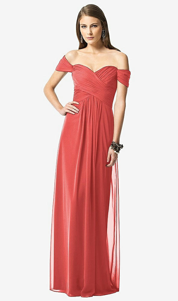 Front View - Perfect Coral Off-the-Shoulder Ruched Chiffon Maxi Dress - Alessia