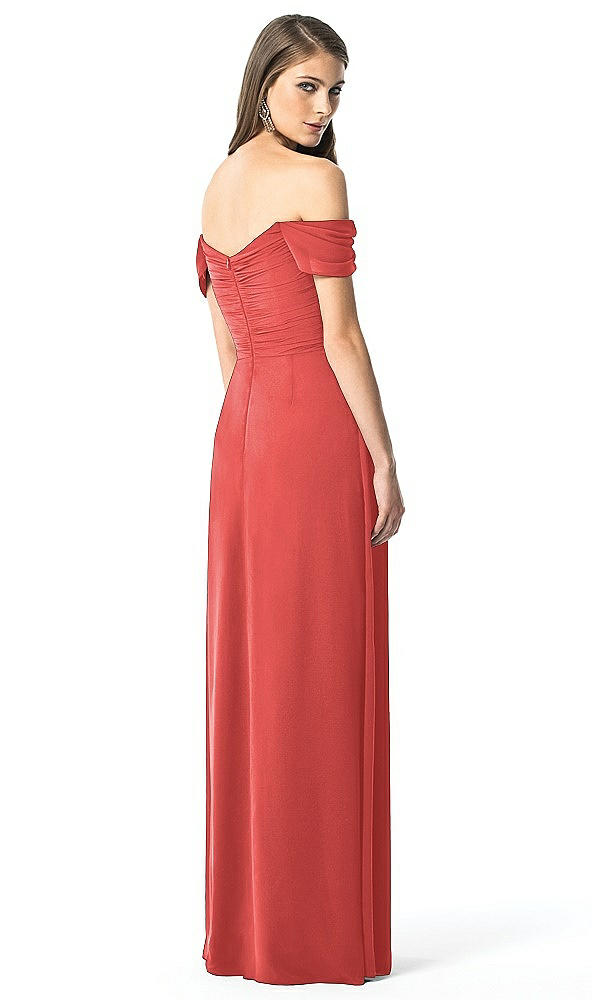 Back View - Perfect Coral Off-the-Shoulder Ruched Chiffon Maxi Dress - Alessia