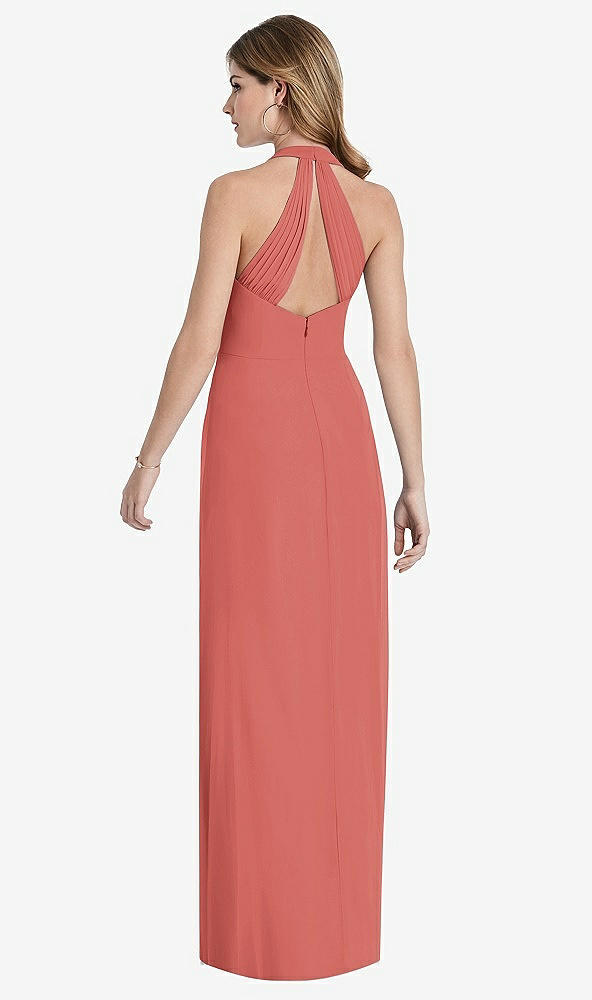 Back View - Coral Pink V-Neck Halter Chiffon Maxi Dress - Taryn
