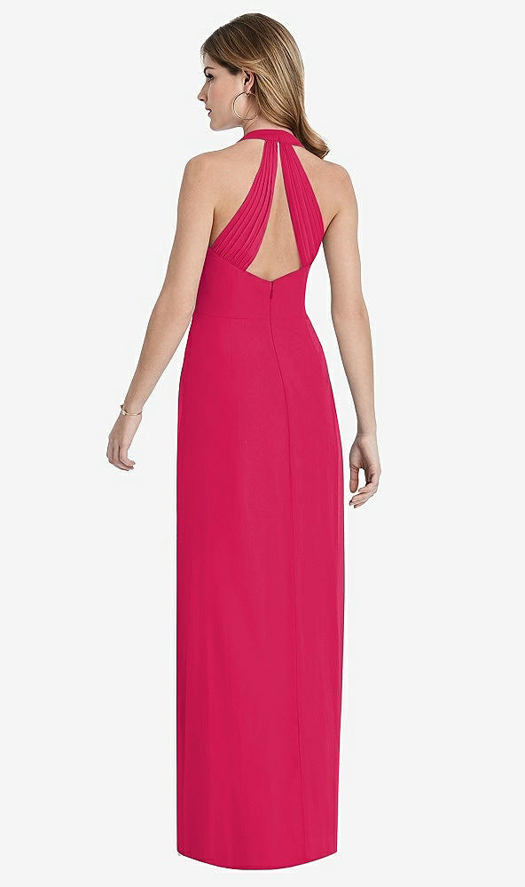 Back View - Vivid Pink V-Neck Halter Chiffon Maxi Dress - Taryn