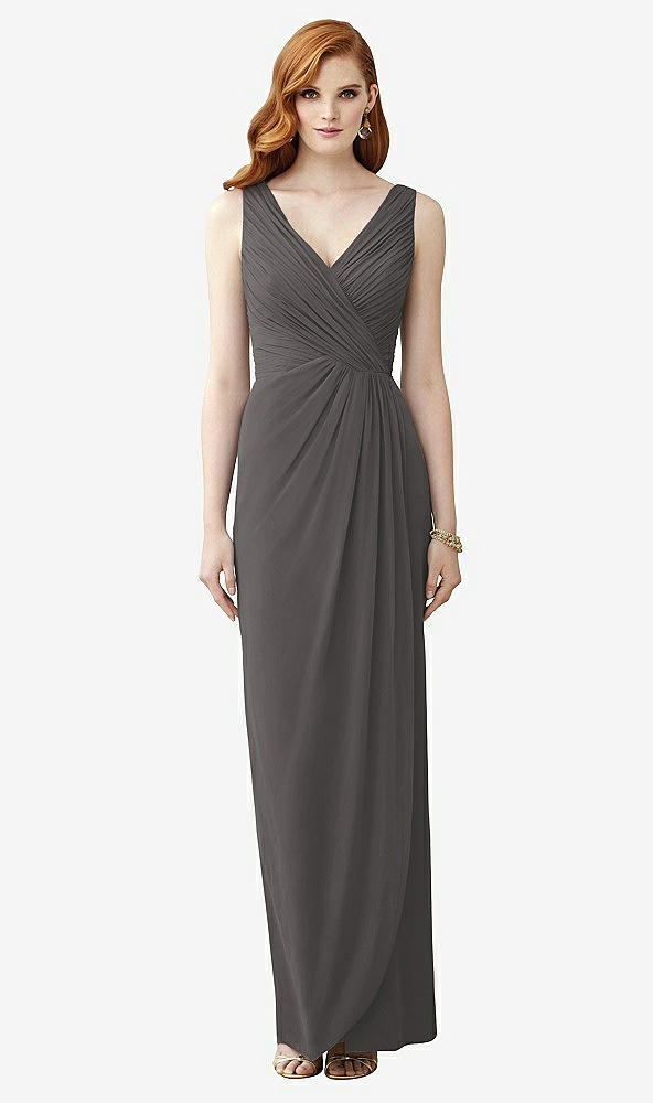 Front View - Caviar Gray Sleeveless Draped Faux Wrap Maxi Dress - Dahlia