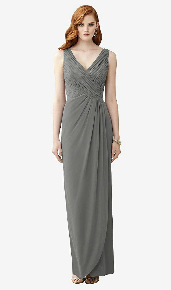 Front View - Charcoal Gray Sleeveless Draped Faux Wrap Maxi Dress - Dahlia