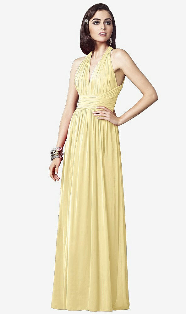 Front View - Pale Yellow Ruched Halter Open-Back Maxi Dress - Jada