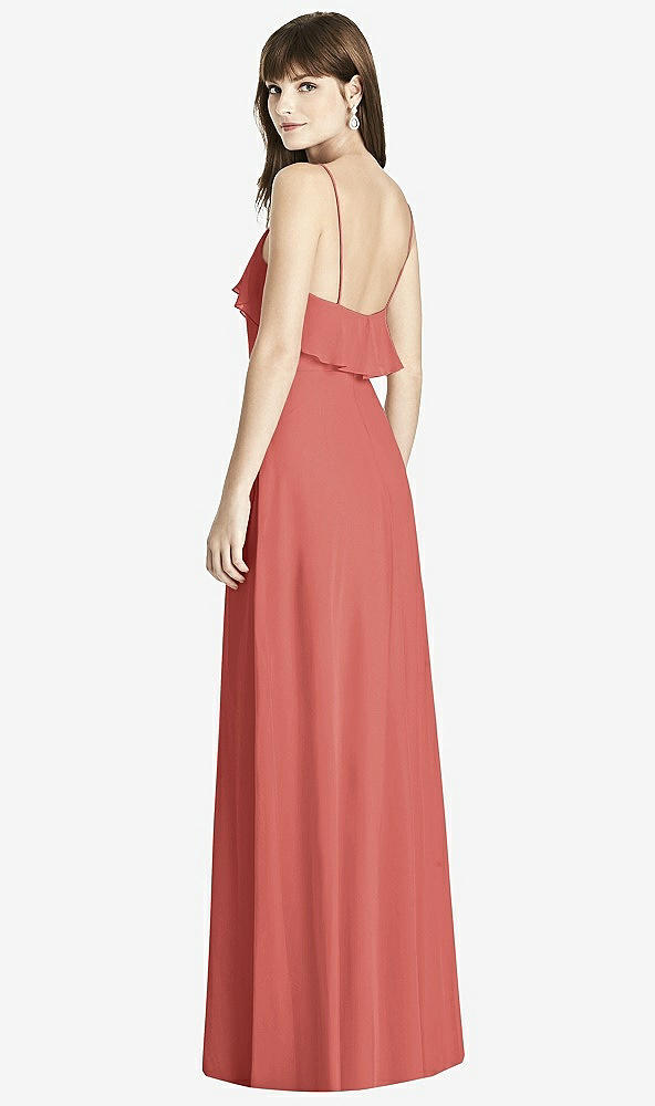 Back View - Coral Pink Ruffle-Trimmed Backless Maxi Dress - Britt