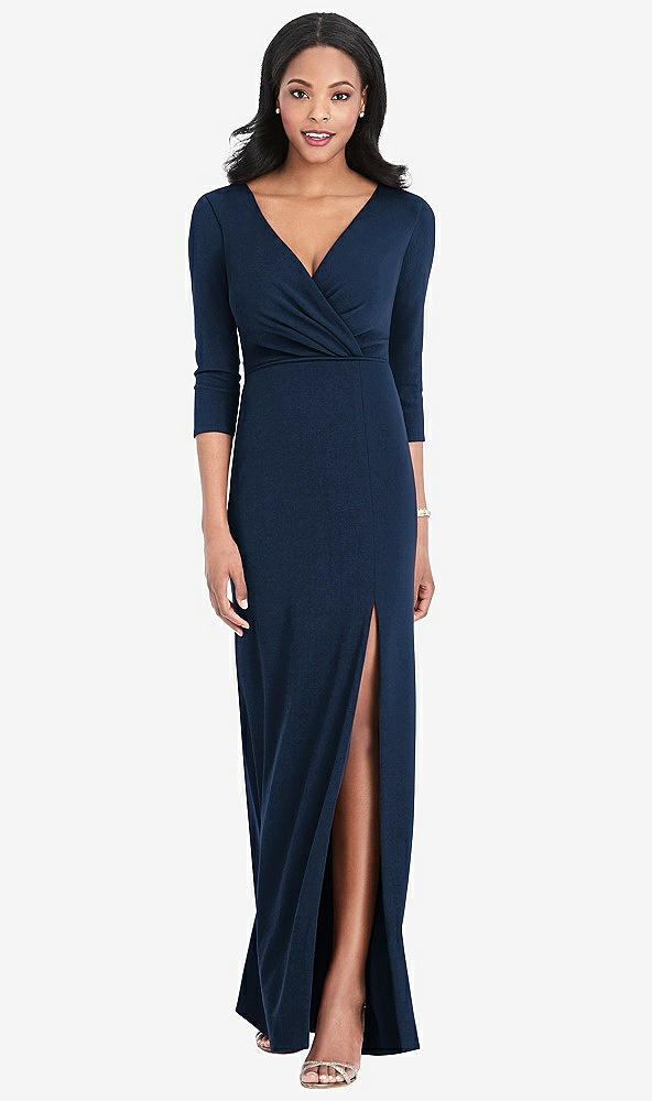 Front View - Midnight Navy Lux Jersey Draped Sleeve Maxi - Yara