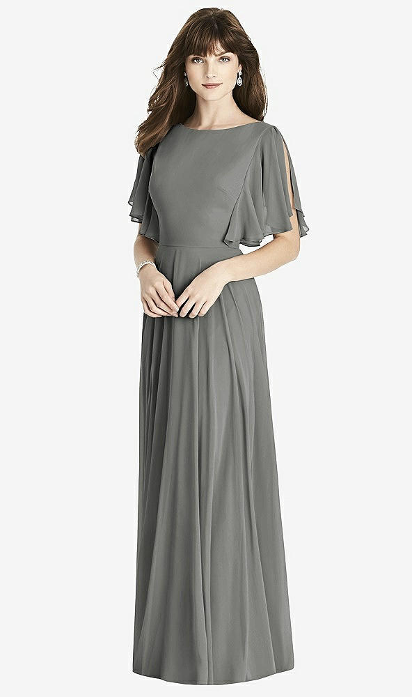 Front View - Charcoal Gray Split Sleeve Backless Maxi Dress - Lila