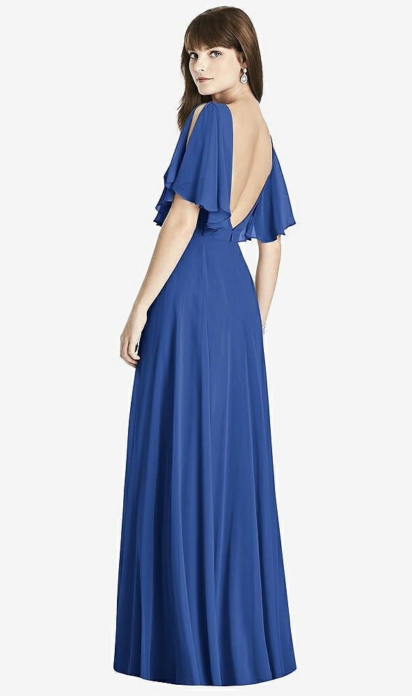 Back View - Classic Blue Split Sleeve Backless Maxi Dress - Lila
