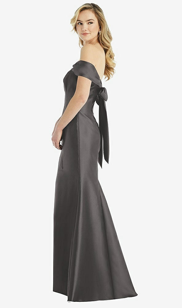 Front View - Caviar Gray Off-the-Shoulder Bow-Back Satin Trumpet Gown