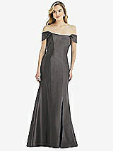 Side View Thumbnail - Caviar Gray Off-the-Shoulder Bow-Back Satin Trumpet Gown