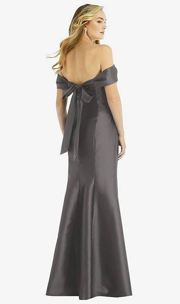 Back View - Caviar Gray Off-the-Shoulder Bow-Back Satin Trumpet Gown