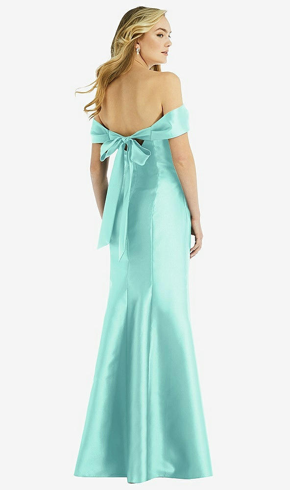 Back View - Coastal Off-the-Shoulder Bow-Back Satin Trumpet Gown