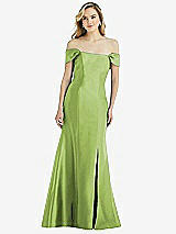 Side View Thumbnail - Mojito Off-the-Shoulder Bow-Back Satin Trumpet Gown