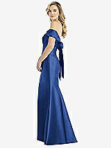 Front View Thumbnail - Classic Blue Off-the-Shoulder Bow-Back Satin Trumpet Gown