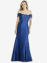 Side View Thumbnail - Classic Blue Off-the-Shoulder Bow-Back Satin Trumpet Gown