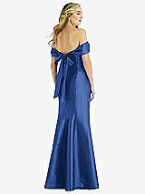 Rear View Thumbnail - Classic Blue Off-the-Shoulder Bow-Back Satin Trumpet Gown