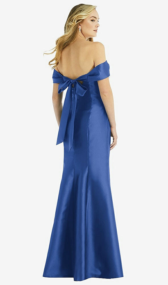 Back View - Classic Blue Off-the-Shoulder Bow-Back Satin Trumpet Gown