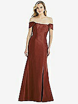 Side View Thumbnail - Auburn Moon Off-the-Shoulder Bow-Back Satin Trumpet Gown