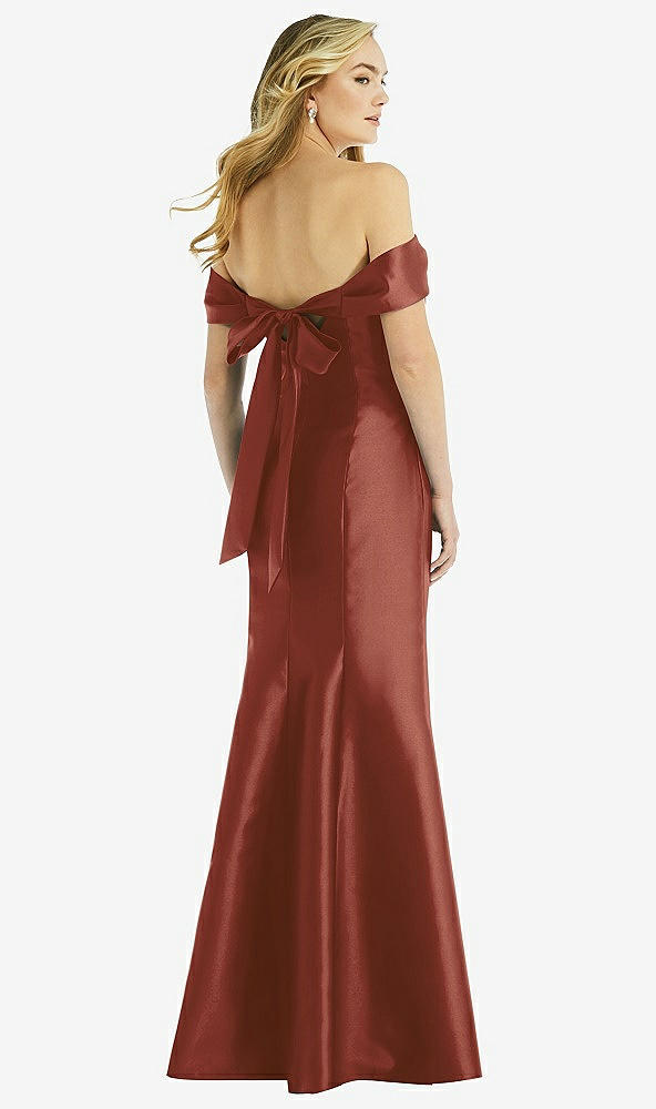 Back View - Auburn Moon Off-the-Shoulder Bow-Back Satin Trumpet Gown