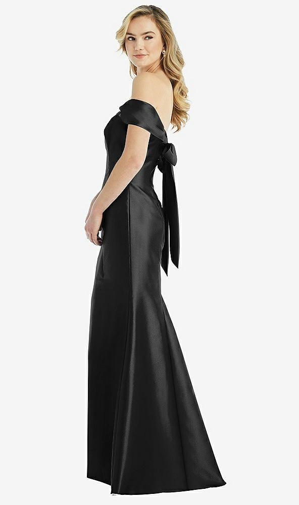 Front View - Black Off-the-Shoulder Bow-Back Satin Trumpet Gown