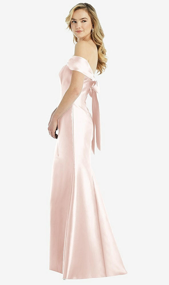 Front View - Blush Off-the-Shoulder Bow-Back Satin Trumpet Gown