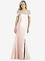Side View Thumbnail - Blush Off-the-Shoulder Bow-Back Satin Trumpet Gown