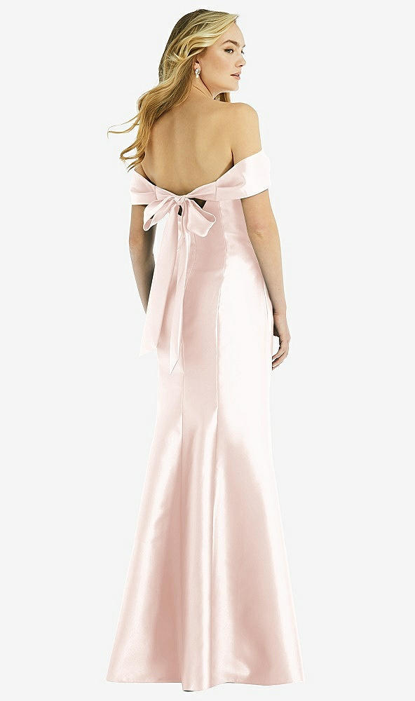 Back View - Blush Off-the-Shoulder Bow-Back Satin Trumpet Gown