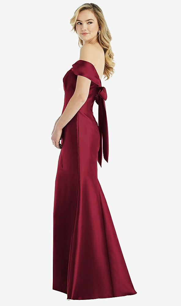Front View - Burgundy Off-the-Shoulder Bow-Back Satin Trumpet Gown