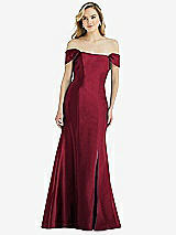 Side View Thumbnail - Burgundy Off-the-Shoulder Bow-Back Satin Trumpet Gown