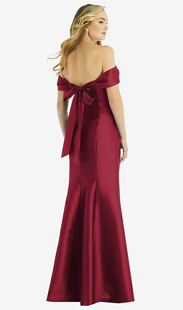 Back View - Burgundy Off-the-Shoulder Bow-Back Satin Trumpet Gown