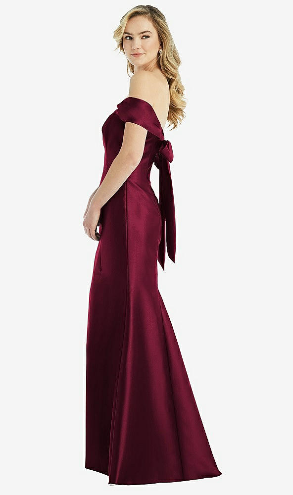 Front View - Cabernet Off-the-Shoulder Bow-Back Satin Trumpet Gown