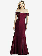 Side View Thumbnail - Cabernet Off-the-Shoulder Bow-Back Satin Trumpet Gown