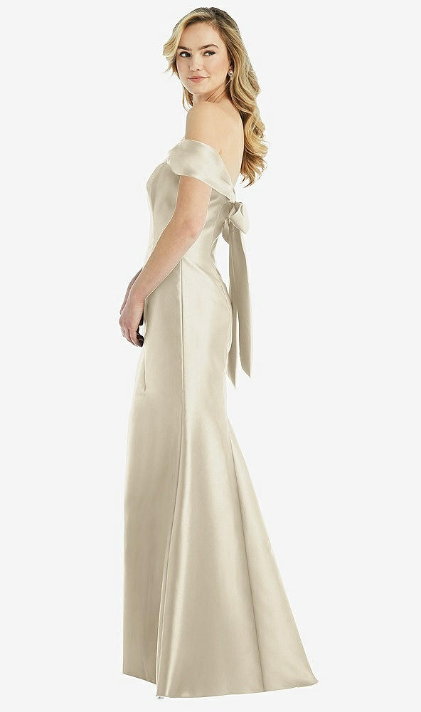 Front View - Champagne Off-the-Shoulder Bow-Back Satin Trumpet Gown