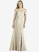 Side View Thumbnail - Champagne Off-the-Shoulder Bow-Back Satin Trumpet Gown