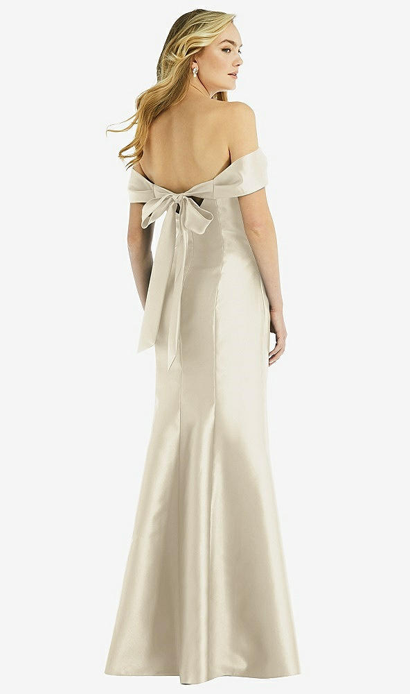 Back View - Champagne Off-the-Shoulder Bow-Back Satin Trumpet Gown