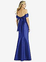 Rear View Thumbnail - Cobalt Blue Off-the-Shoulder Bow-Back Satin Trumpet Gown