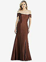 Side View Thumbnail - Cognac Off-the-Shoulder Bow-Back Satin Trumpet Gown
