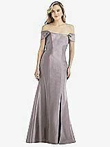 Side View Thumbnail - Cashmere Gray Off-the-Shoulder Bow-Back Satin Trumpet Gown