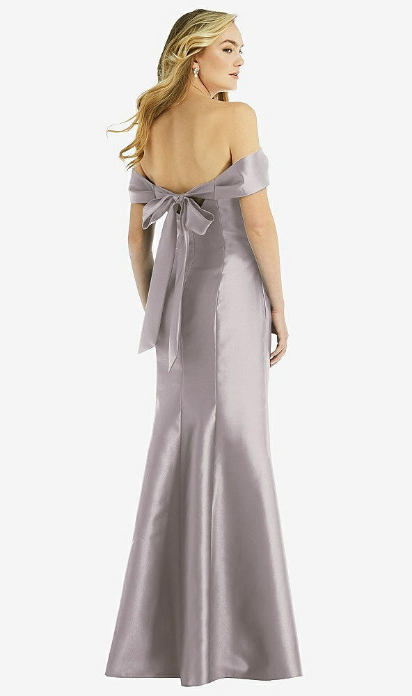 Back View - Cashmere Gray Off-the-Shoulder Bow-Back Satin Trumpet Gown